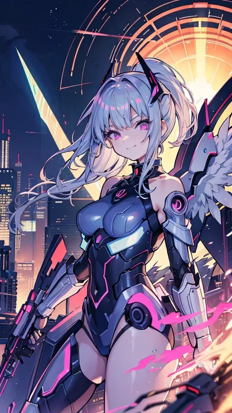 masterpiece,( bestquality ), height detail ,Super Fine,1 Girl,(Mechanical Wings :Kanekoen,Glowing eyes: blue,Kanekoenrarmor:1.2,Long ears:0.8),( Cyberpunk City:1.5,arms:Energy Blade),(Fantasy Landscape:1.2, natural light:1.5,Confident々Expression),(panorami...