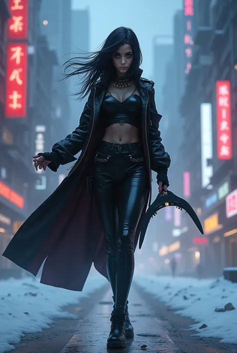 black-clad woman with a boomerang in her hands in the snow, cyberpunk girl, cyberpunk vibes, cyberpunk evil gorgeous goddess, cyberpunk atmosphere, cool anime 8k, cyberpunk beautiful girl, cyberpunk style, cyberpunk anime girl, cyberpunk art style, female ...