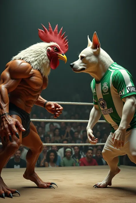 Hybrid muscle rooster staring at a muscular dog wearing Botafogos jersey in the ring as a public in the background