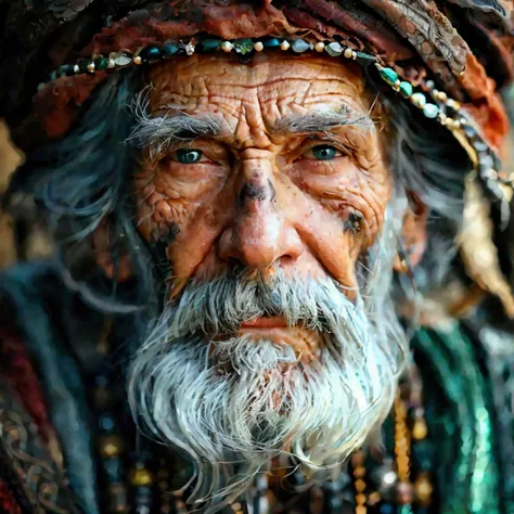 An old man with gray hair and piercing white eyes stares intensely straight ahead, his weathered face showing deep lines of age. He wears various necklaces and adornments, with a mysterious green crystal stone between his hands. The dim lighting and detail...