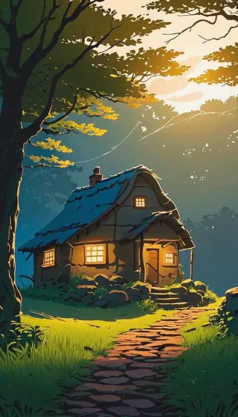 (Minimalism:1.4), Draw a simple Tintin style art, an old brick hut!!!,, baby under a big tree on a hill!!! a muddy path dimly lit by a lamp towards the Ghibli studio hut, miyazaki, , Makoto Shinkai!!, anime movie background best quality best of SeaArt HD