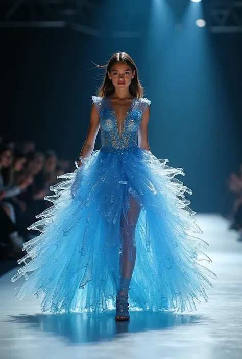 a girl wearing a gorgeous dress made of plastic water bottles walking on the stage to create attention to recycling