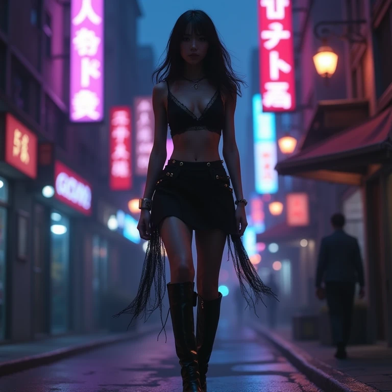 Pretty asian Misanthrope in bra and micro skirt and leather boots walking down a street at night
