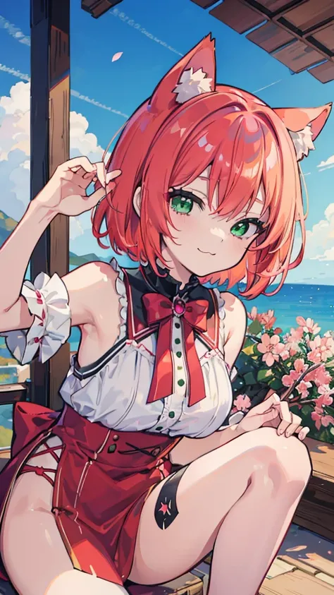 masterpiece,  best quality , Sakura VRC, 1 Girl,  unique , Short hair, Redhead,  green eyes , Red Cliff, animal ear fluff ;3,  catmouth ,   high resolution, masterpiece, 