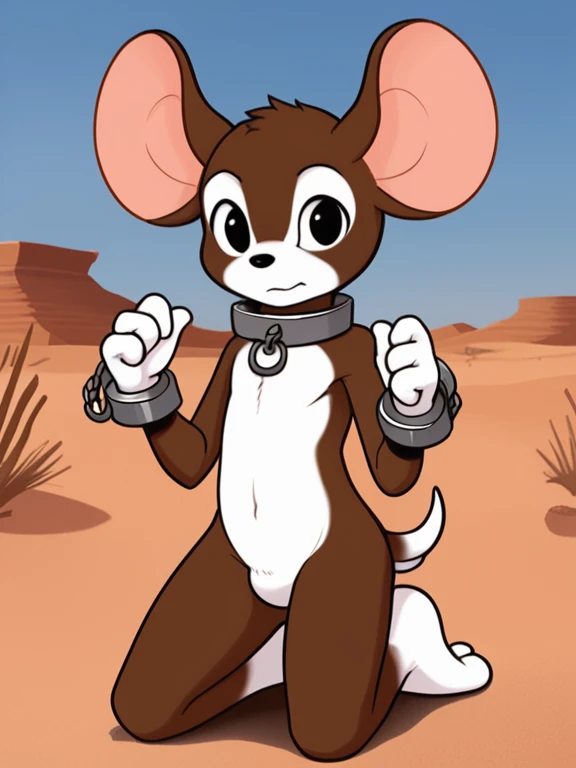  humanoid mouse,Two-headed body,Round ears,black eyes, short tail ,Naked,fur,three toes ,four fingers,brown body,white boobs,White belly,white hands and feet,outdoor,desert,Handcuffs,Leg shackles,Collar,,Kneeling,2D, best quality ,masterpiece,8k,male.