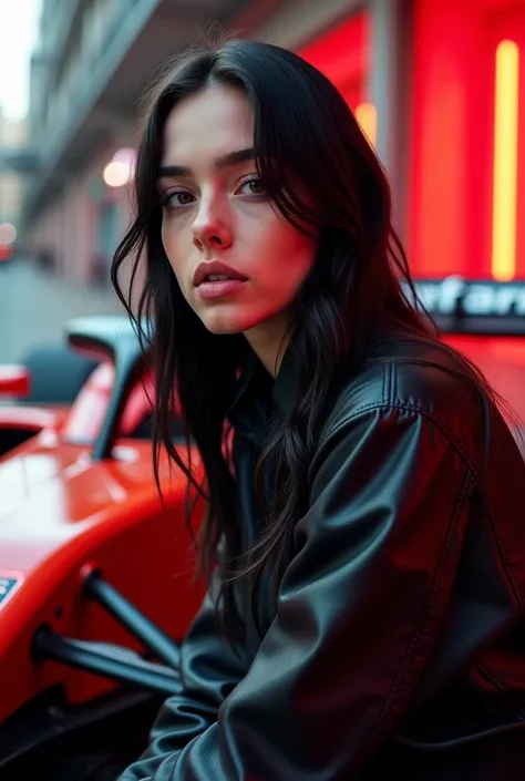 Can you generate a phone wallpaper for me including a real photo of Billie Eilish and Formula 1 (ferrari)