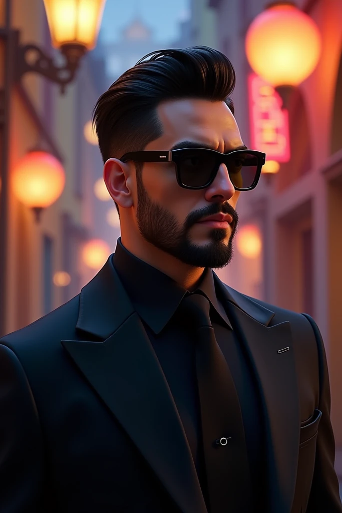 Imagine a man with a black gradient hair suit with a black beard dark glasses. Disney Pixar