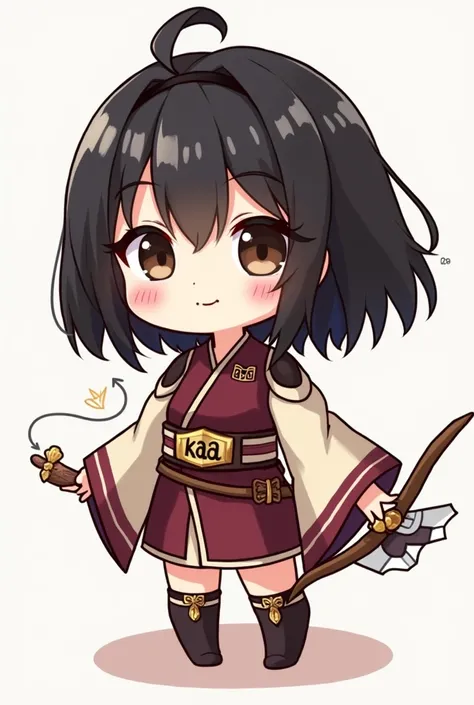 A female black haired war commander named Wanheda. Chill and calm vibe, her outfit will be a combination of color burgundy and cream. Her eyes is dark brown with red lips. With label “Kaa” in her outfit. She is also an archery. Make it cute or chibi.