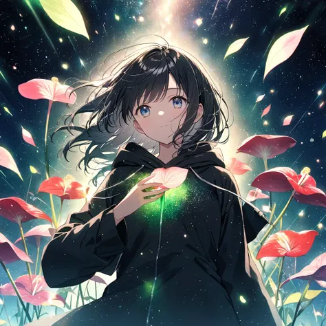 ((anime,pastel))、Ultra Glitter 、 1 woman, hold a flower that floats in the air, anthurium flower in front of your chest , long black hair, black hoodie,Close up, upper body, cowboy shot,front,Hold a ,The front of the chest shines ,Mysterious,Green glow,Flo...