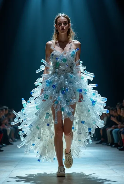 a girl wearing a  dress made of plastic water bottles and plastic covers walking on the stage to create attention to recycling