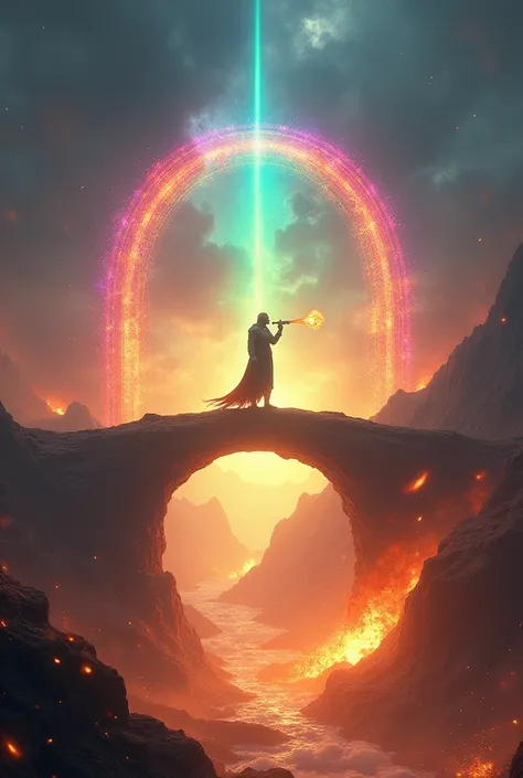 beautiful crystal-clear rainbow color transparent wide arch connecting earth(Midgard,the world of human) and floating sky-land(Asgard,heaven,) .solo.1God of Norse mythology(Heimdall(God,man, golden teeth,white skin,) standing on the rainbow and blowing hun...