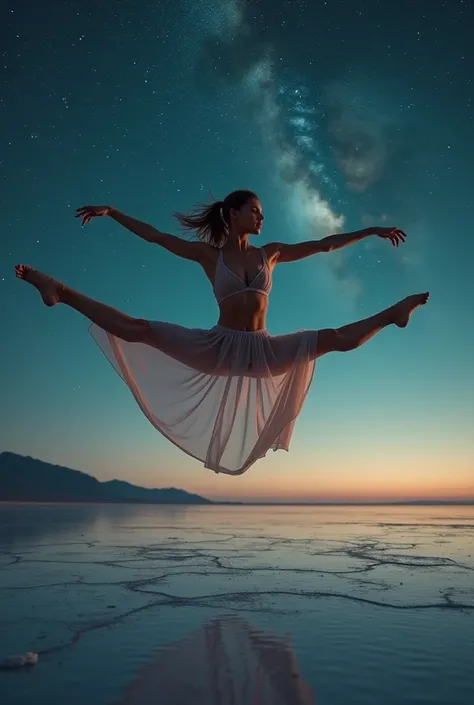 Masterpiece, best quality, ((salt flat)), 4K,8K,style,masterpiece, beautiful muscular ballerina wearing sheer sexy long dress, floating in the air doing the splits,  back arched , string thong panties, at night long charge, ((ultra-detailed)), outdoors, dr...