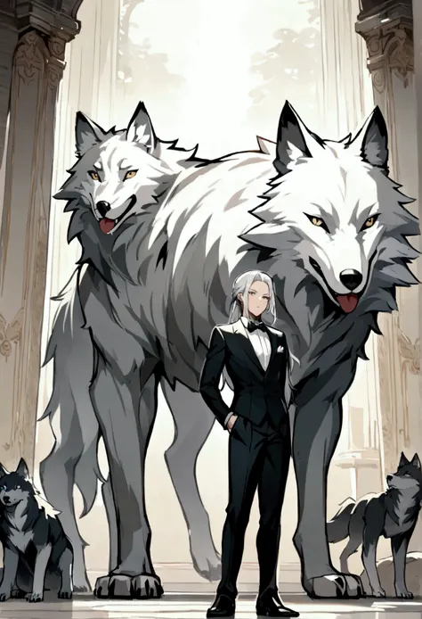 Wolf, Gray fur, long White hair, black tuxedo, standing pose