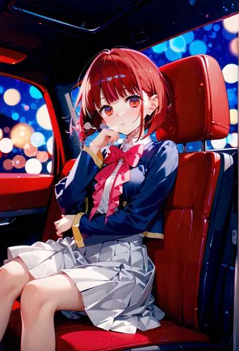 illustration,hyper quality,nime style woman sitting in a car wearing a pink button up shirt, 1girl, car interior, blush, sitting, bow, skirt, jacket, short hair, bowtie, blue jacket, solo, school uniform, red hair, long sleeves, pink bow, breath, bangs, re...
