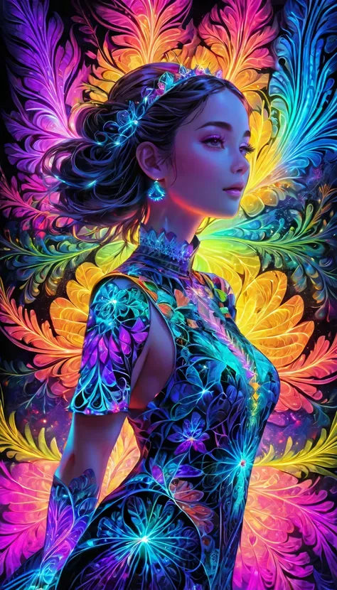 (masterpiece, top quality, best quality, official art, beautiful and aesthetic:1.2), (1girl:1.3), extremely detailed,(fractal art:1.2),colorful,highest detailed,( zentangle neon:1.2), (dynamic pose), (abstract background neon:1.5), (treditional dress:1.2),...