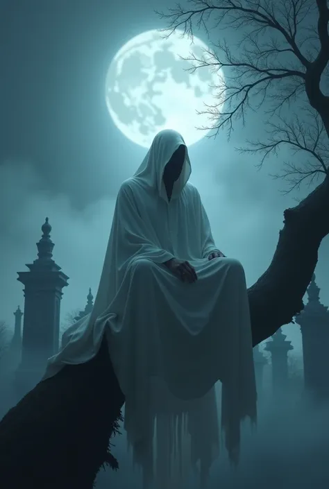 A man wearing a white cloth like an Indonesian ghost, sitting on a tree branch, with a cemetery in the background, at night, thick fog.