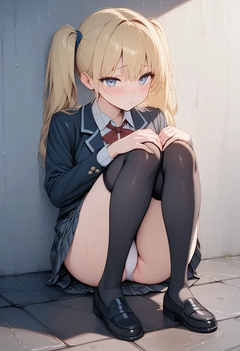 NSFW, Masterpiece, ultra detailed, 8k, best quality, novel illustration, heavy rain, 18 years old, 1girl, student uniform, plaid skirt , Blonde, twin tails, blue eyes , black thighhighs, black loafers, white panties, sit with your knees up, lean against th...