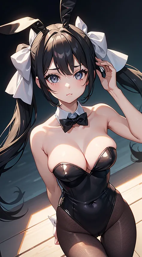 (masterpiece, highest_quality), very be familiar with cg unity 8k wallpaper, wonderful_Are you okay_figure, BREAK 1girl, (((grey eyes))), ((twintails, hair ribbon)), ((medium breasts)), long hair, wide hips, (((black hair))), (pout), anime style 4k, beauti...