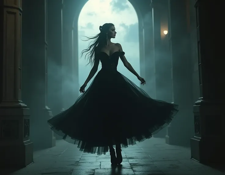 gothic woman,vestido long y falda negra levantada mirando a la luna llena ojos cerrados bailando, beautiful legs, Long, high boots,  big boobs, gothic costume, long,  black hair, long con moño y trenza . in the air in a chapel , In the middle of a storm wi...