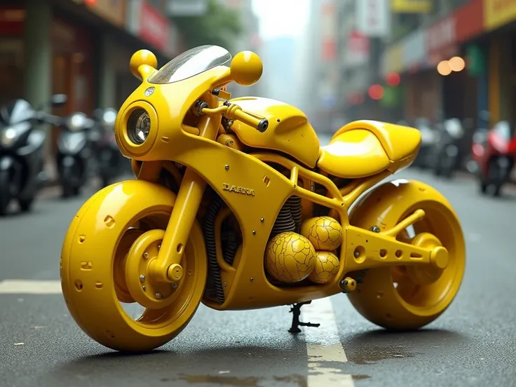 Design a whimsical motorcycle that looks like its entirely made of bananas. The body, fuel tank, and other components should resemble realistic yellow bananas, with clusters of bananas forming key parts of the design. The wheels should maintain a circular ...