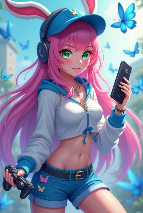 Gamer with holding gaming gadgets Pink long hair with blue hat and green eye and white crop top with long sleeves and blue shorts and rabbit shoes with flying blue butterflys in background half body
