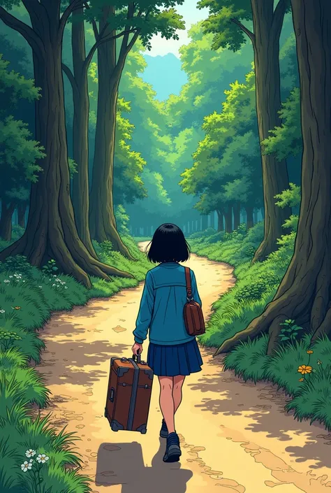 Create a 4k manga image of a 20-year-old black-haired woman in blue clothes with a suitcase traveling on a dirt road heading towards the forest 