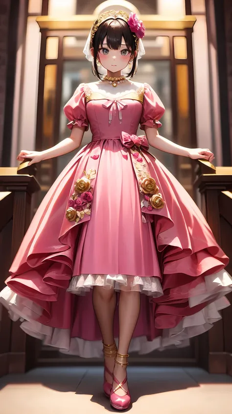  a classy mature young woman is wearing a pink Lolita outfit。 full body front view、 Asian、The skin is relatively white、Lavish clothing、Silky transparent lace on the clothes、Gold wire trim、Jewelry decoration、 and has a pearl necklace hanging over her neck.