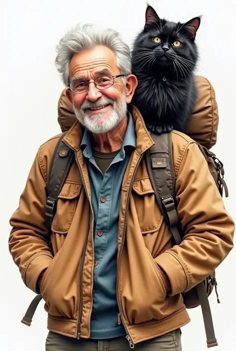 Watercolor painting by a premium artist. An old, wrinkled backpacker wearing a brown carhartt jacket. His back is full of backpacks. He has a smiling, happy expression. A fat, fluffy black cat is perched on his shoulder. The background is a plain color.