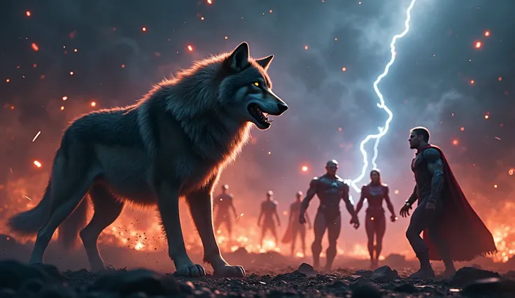 Wolf vs Avengers Team as thumbnail of youtube, create enemy effects of lights.