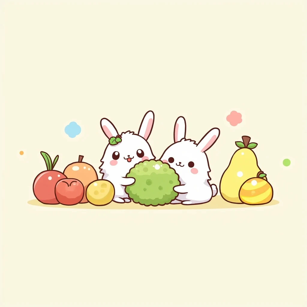 Lots of cute fruits 、2 cute rabbits 、 with the letters AQUA on a yellow ribbon