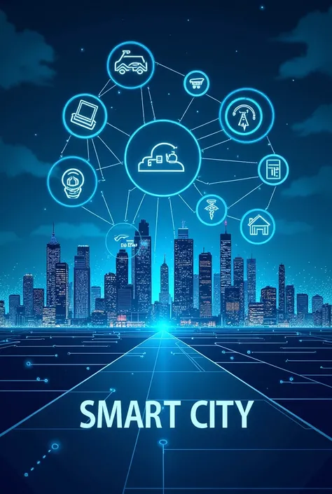 Create a futuristic illustration of a smart city at night, showcasing various interconnected technologies and services. Include icons representing different aspects of smart city infrastructure, such as electric vehicles, renewable energy, cloud computing,...