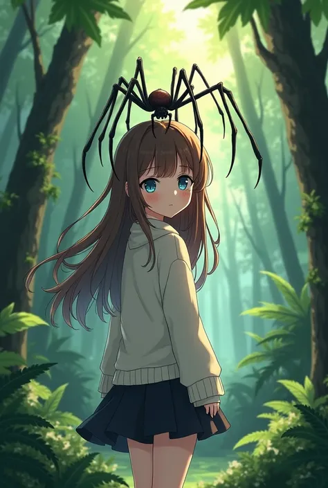 Anime girl with brown hair and blue eyes is standing in the forest wearing a white sweater and a black skirt and a spider is sitting on her head and the spider is controlling the girl