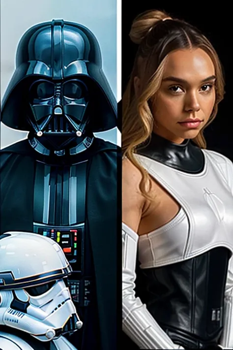 ALEXIS-REN,  half of Darth Vader ,  Behind Vader and the other half of Anakin Skywalker .  Place Stormtroopers , behind Anakin the clones .  Top right is the coat of arms of the Galactic Empire ,  at the top left is the coat of arms of the Galactic Republi...