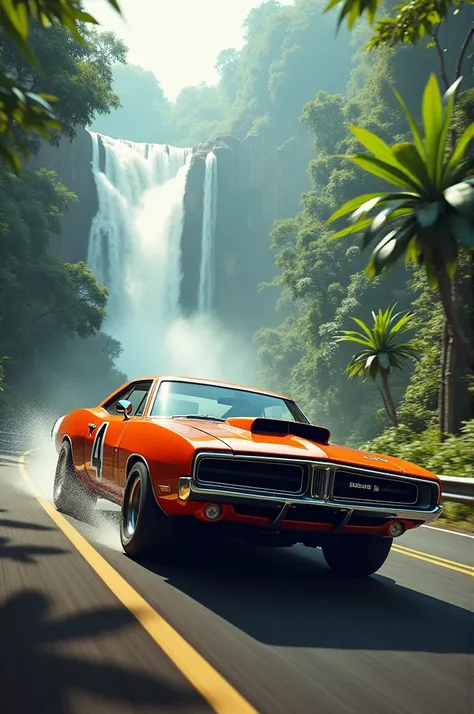 Dodge charger from 70s and triumph trident side by side racing in Iguazu setting