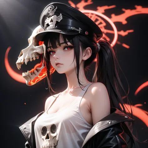 (score_9, score_8_top), score_7_top, 1 girl, mask, long black hair tied into a high ponytail, wearing a white tank top with thin straps, full face innocent, looking at the viewer, full body, large chest, black hat, peaked cap, all black, eyes half closed, ...