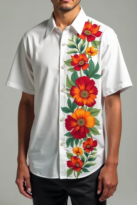 White shirt with vertical shaped Ayacucho altarpiece flowers on the right side