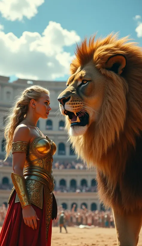 " A blonde warrior standing next to a majestic lion in an ancient coliseum .  The woman wears golden armor detailed with heroic motifs and is serious, emanating confidence and power. The Lion, of impressive size , Is roaring ,  with her voluminous mane shi...