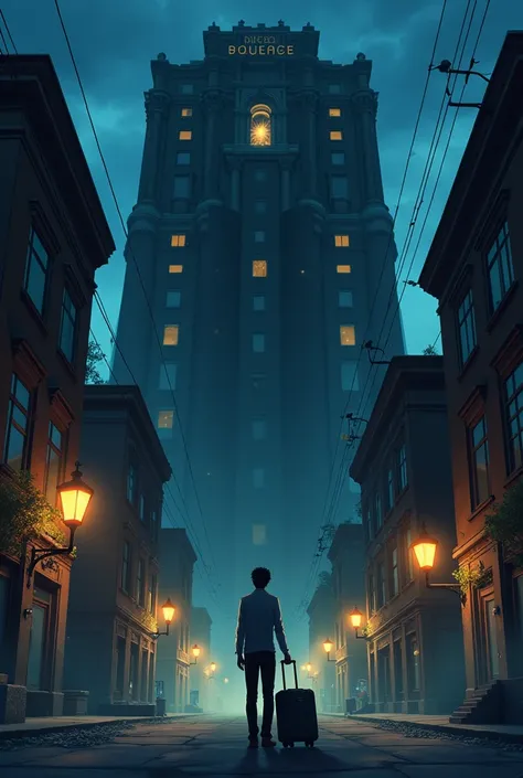 A dimly lit street with a large, old, and eerie hotel. Sohail stands at the entrance with his suitcase, looking both surprised and uneasy.
All Anime type image 