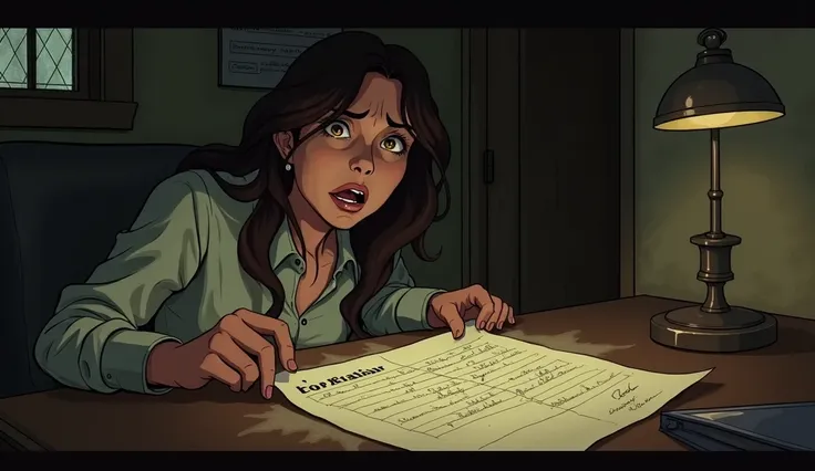 **14.**  Beatriz discovering the record of Helenas accident in an old registry office, her face reflecting shock and horror ,  with Rafaels name highlighted in the document .