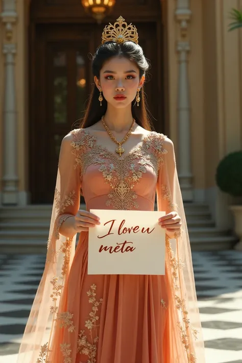  A woman wearing a beautiful tosca and gamis veil with a crown, standing in front of a hotel holding a paper that says I love u META . 