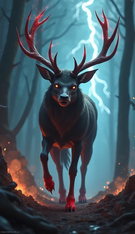 Create a fearsome hybrid with the graceful body of a stag, but with sharp, wolf-like claws and fangs. Its antlers are jagged and blood-stained, glowing with energy. The background is a dark, stormy forest with lightning illuminating the battlefield. Horror...