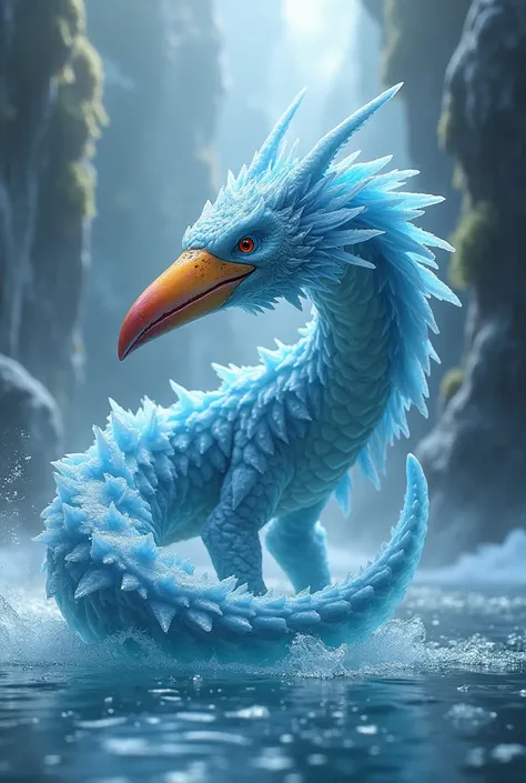 Create a unique hybrid creature with the body of an ice dragon and the beak of a parrotfish. The ice dragons frosty scales and the parrotfishs vibrant beak create an interesting combination. The environment should be a frozen lagoon with icy waters, emitti...