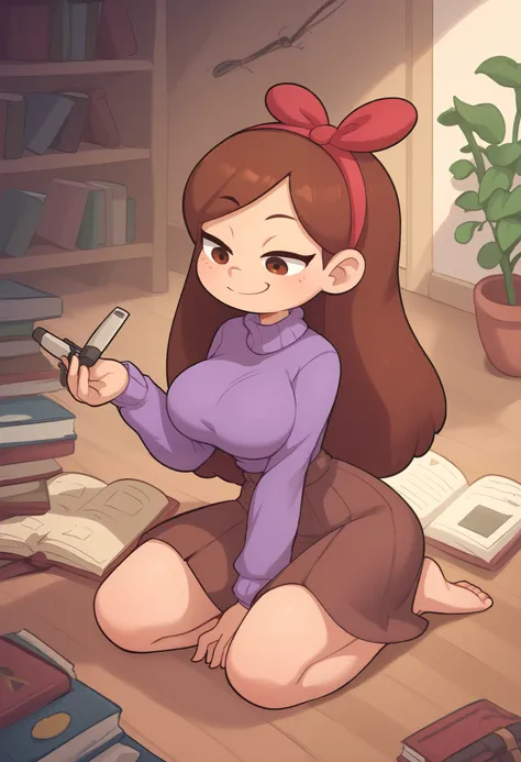 Small girl, young, full body, (solo 0.6), brown hair, long hair, brown eyes, slender body, thin waist, colossal breasts, indoors, purple sweater, brown skirt, holding a book, books on floor, wires on floor, smug face, cute, ( pixar style 0.5) (hairband -0....