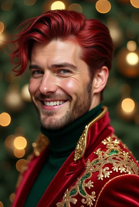 An Award-Winning Masterpiece for Vogue Fashion magazine, Enchanting, Festive, Magical, Captivating, Award-Winning Masterpiece, a man dressed as a dashing Christmas muse, with shimmering red and gold hair styled in a sleek, modern cut, in the style of magic...