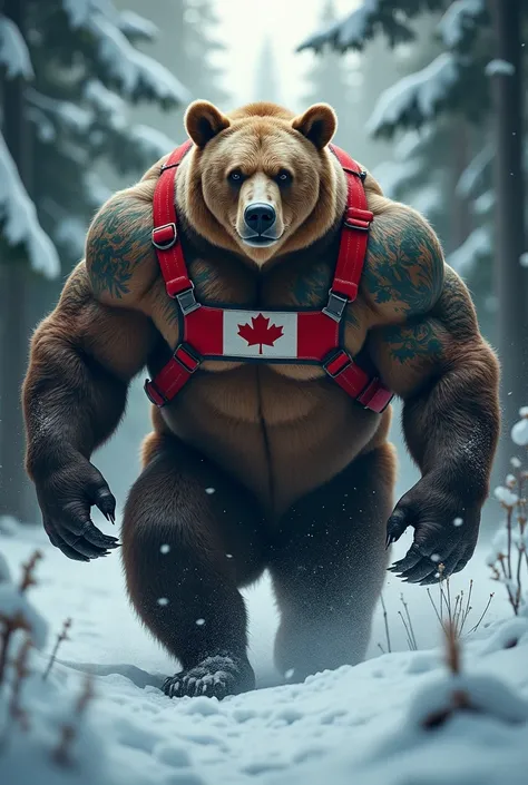  Canada – Bear in the Snowy Forest
"A giant, muscular bear with a thick, powerful build, its body covered in dense, shiny fur. Its biceps, chest, and legs are bulging with muscle, with veins running through its forearms and thighs. The bear’s fur is adorne...