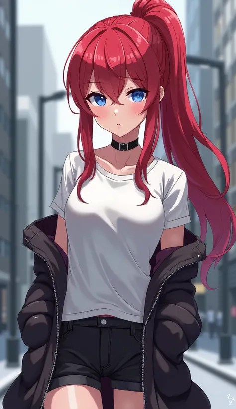 girl,  red hair long,  ponytail, side stripe, blue eyes, strong body,  small breasts,  serious expression , white t-shirt , short black shorts, coat with hands in pockets,  black choker , [[[ high quality ]]][[[tall details ]]] Ultra HD,  high resolution, ...