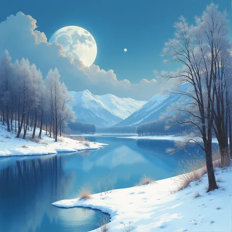  panoramic, illustration、snow，snow花飞舞， Quiet lake 、 compose your Impressionist and Expressionist paintings to the music of three composers:
c. Debussy - claire De Lune
M. Ravel Bolero
A  . Schoenberg - Pieros Moonlight Song 
(significance & style) 
