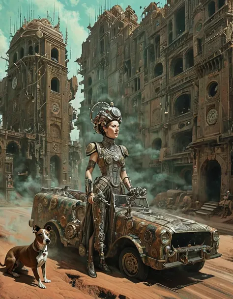 Sci-fi, concept art, (mechanical gears style), surrealistic illustration of a Historical woman with a brindle and white Whippet  has absolutely no idea how she became covered in toppings or how long shes been like that. Shes on many strong psychedelics