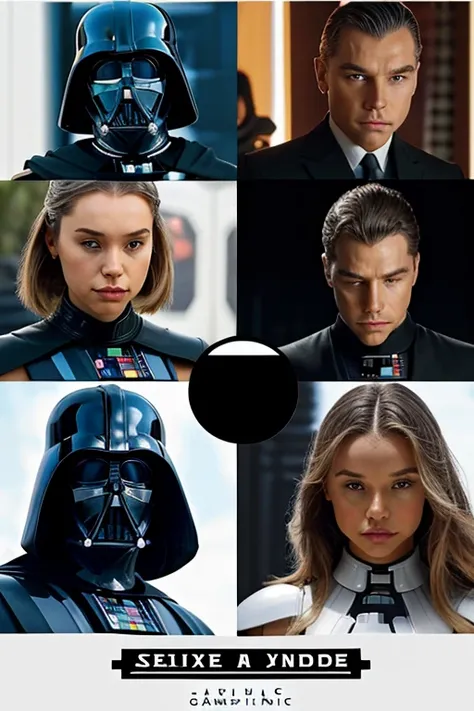 ALEXIS-REN,  half of Darth Vader ,  Behind Vader and the other half of Anakin Skywalker .  Place Stormtroopers , behind Anakin the clones .  Top right is the coat of arms of the Galactic Empire ,  at the top left is the coat of arms of the Galactic Republi...