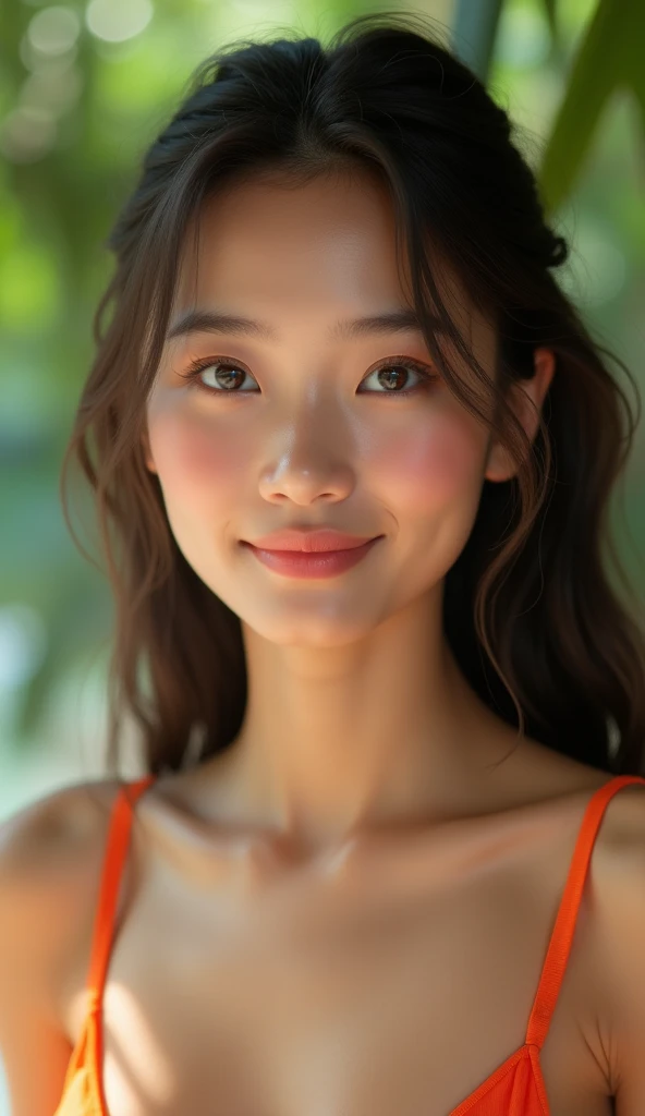 (masterpiece, ultra high res, photorealistic:1.8), 8K ultra-detailed square portrait, face perfectly centered with balanced proportions, young Southeast Asian woman (Indonesian), flawless bronzed skin with subtle highlights, large expressive eyes with natu...